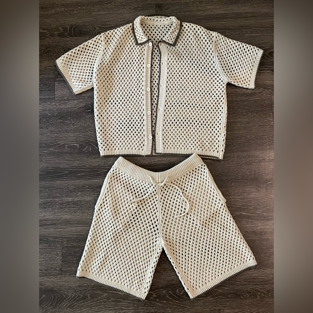 Beige Knit Two-Piece Set With Green Trim